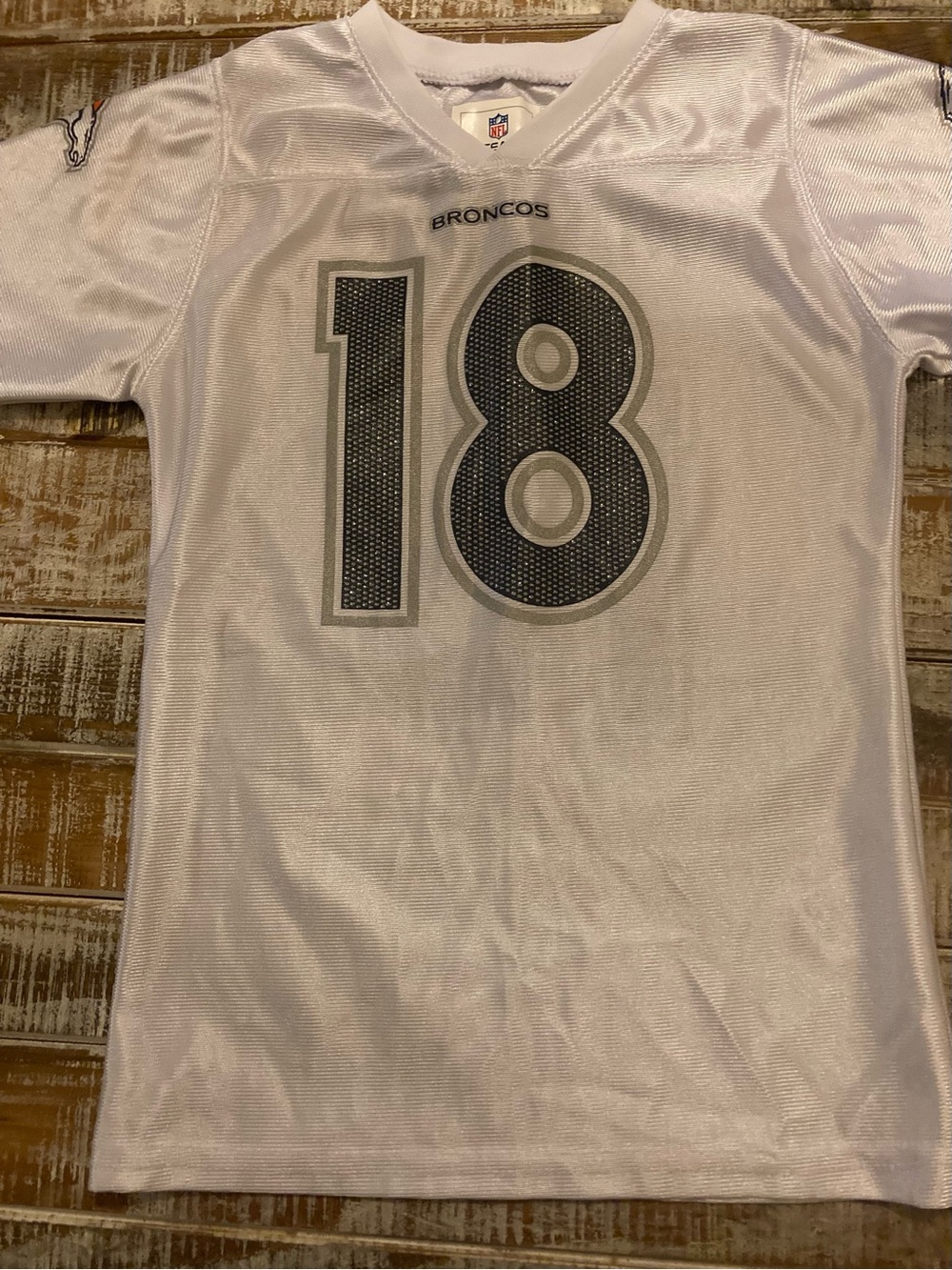 NFL Broncos White and Gray #18 Kid’s Football Jersey